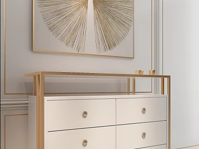 Modern White Dresser With Gold Frame Drawers And Elegant Wall Art Decor 3d model