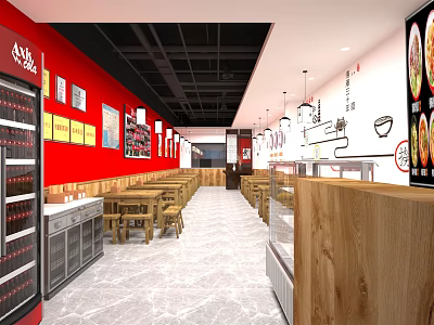 Bright Fast Food Restaurant Interior With Red Walls Posters Wooden Tables And Display Counters 3d model