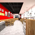 Bright Fast Food Restaurant Interior With Red Walls Posters Wooden Tables And Display Counters