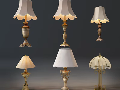 Elegant Table Lamps In Various Styles With Golden Bases And White Shades 3d model