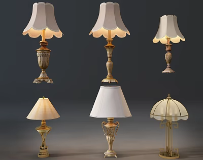 Elegant Table Lamps In Various Styles With Golden Bases And White Shades 3d model