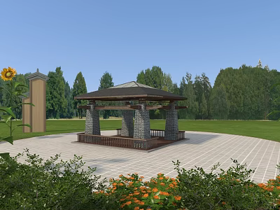 Beautiful Garden Landscape With Stone Pavilion Green Lawn Surrounding Trees And Front Flower Beds 3d model