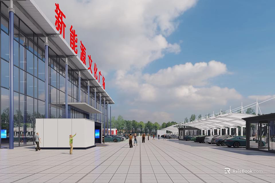 Modern 4S Dealership With Glass Facade Plaza Area Parking Lot And People Walking 3d model 