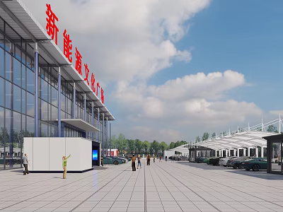 Modern 4S Dealership With Glass Facade Plaza Area Parking Lot And People Walking 3d model