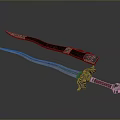 Ornate Blue Metal Sword With Intricate Hilt And Decorative Wooden Scabbard