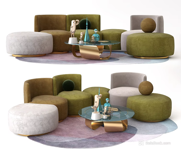 Modern Sectional Sofa Setup With Green Beige Ottomans Glass Coffee Table Decorative Items On Rug 3d model 