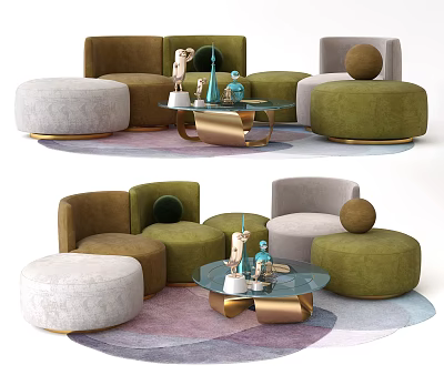 Modern Sectional Sofa Setup With Green Beige Ottomans Glass Coffee Table Decorative Items On Rug 3d model