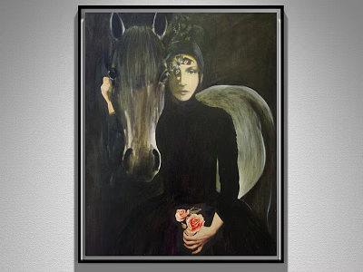 Animal Painting Featuring Woman With Horse In Black Dress Holding Flowers 3d model