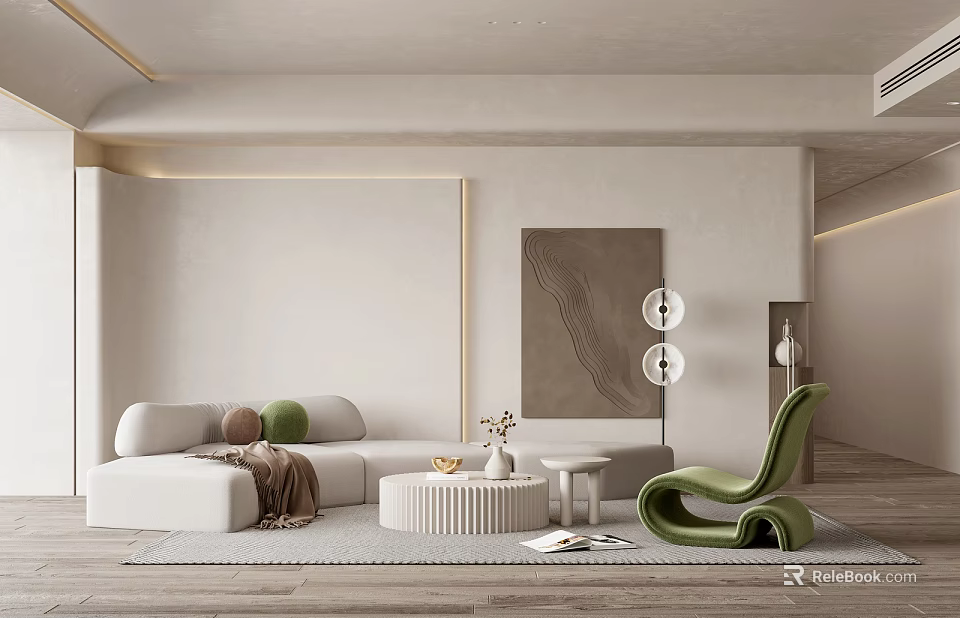 Minimalist White Sofa and Coffee Table Set with Green Accent Chair Brown Cushions Modern Interior 3d model 