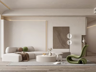 Minimalist White Sofa and Coffee Table Set with Green Accent Chair Brown Cushions Modern Interior 3d model