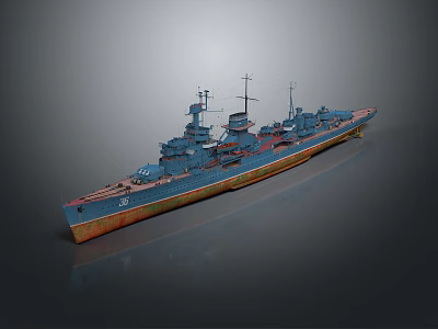 3D Model of Vintage Warship with Blue Hull and Orange Bottom Turrets and Masts 3d model