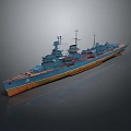 3D Model of Vintage Warship with Blue Hull and Orange Bottom Turrets and Masts