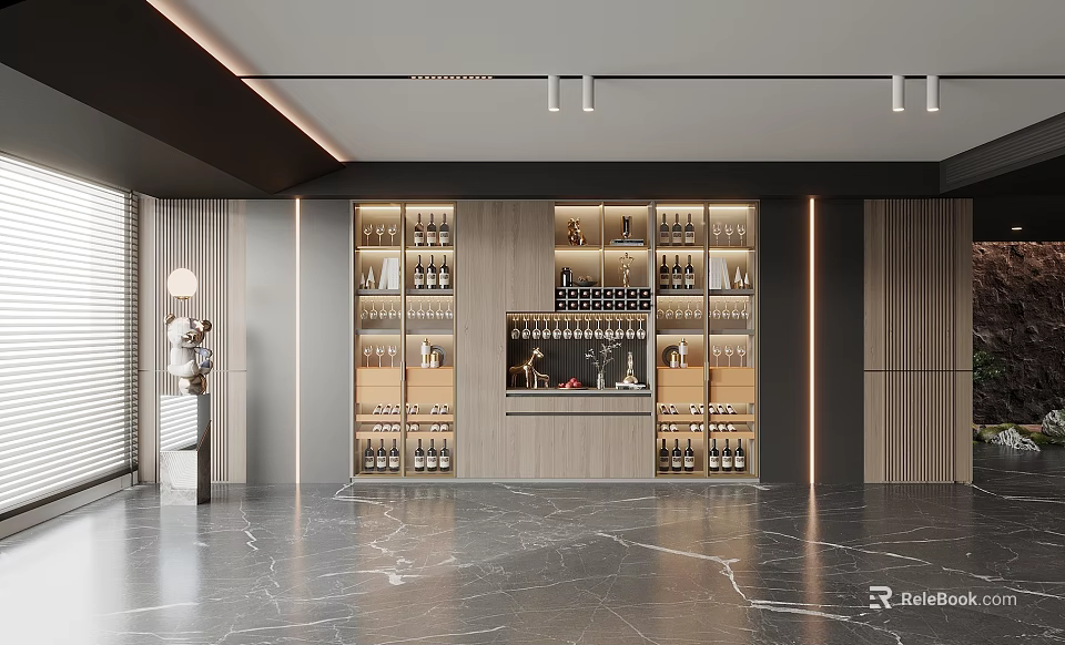 Elegant Contemporary Wine Cabinet Design With Glass Shelves And Wine Bottle Storage 3d model 