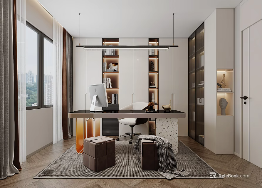 Bright Modern Study Room With Large Windows Wooden Desk Built In Bookshelves And Area Rug 3d model 