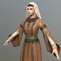 Woman In Traditional Brown Patterned Dress With Green Belt And Long Sleeves