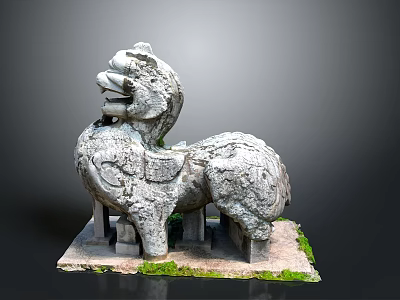 Ancient Stone Lion Statue With Detailed Carving And Moss On Base 3d model