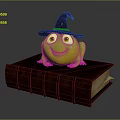 Cute Green Reptile Wearing Wizard Hat Sitting On Old Book With Smiling Face