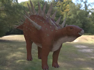 Realistic Brown Reptile Model with Spiked Back and White Spots in Grass Field 3d model