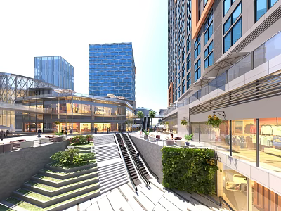 Vibrant Commercial Street Featuring Modern High Rise Buildings Open Plaza Escalators And Greenery 3d model