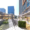 Vibrant Commercial Street Featuring Modern High Rise Buildings Open Plaza Escalators And Greenery