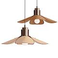 Two Modern Pendant Lights With Petal Shaped Wooden Shades And Metal Frames
