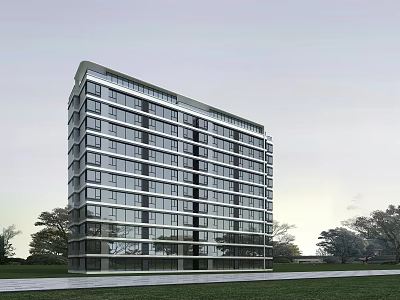 Modern High Rise Residential Building With Glass Curtain Wall And Surrounding Greenery 3d model