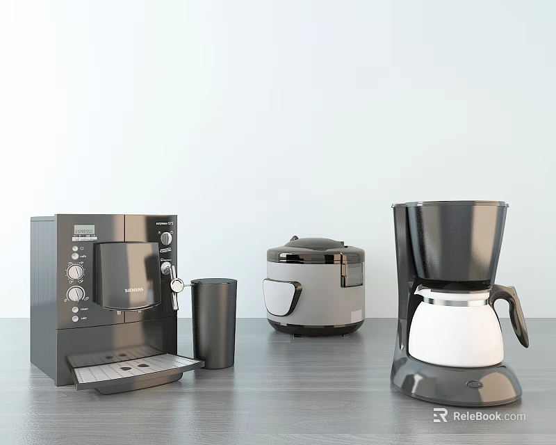 Set of Modern Kitchen Appliances Featuring Coffee Maker and Rice Cooker on Countertop 3d model 
