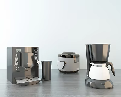 Set of Modern Kitchen Appliances Featuring Coffee Maker and Rice Cooker on Countertop 3d model