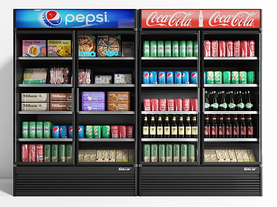 Commercial Display Freezers Stocked with Various Drinks and Snacks in Retail Store 3d model