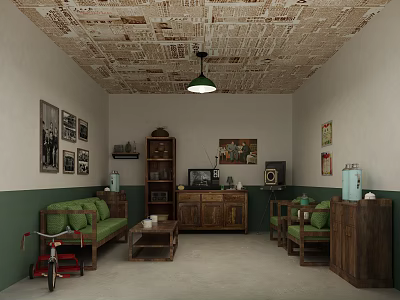 Vintage Living Room With Newspaper Ceiling Green Sofa Wooden Furniture Old Radio And Bicycle Decoration 3d model