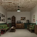 Vintage Living Room With Newspaper Ceiling Green Sofa Wooden Furniture Old Radio And Bicycle Decoration