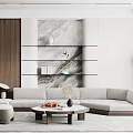 Elegant Modern Living Room Interior With Sectional Sofa Coffee Table Marble Wall And Decorative Shelves