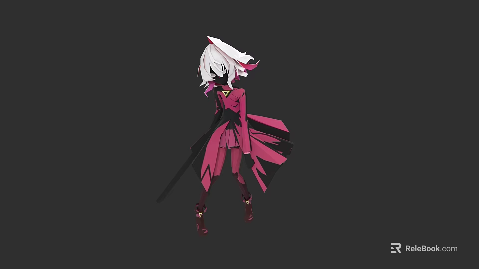 Game And Movie Character With White Long Hair Pink Black Outfit Holding Long Sword 3d model 