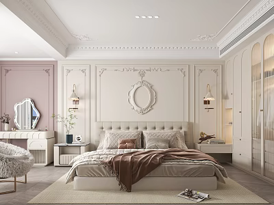 Elegant Modern Bedroom Interior With Pink Walls White Decor Upholstered Headboard Pendant Lights And Wardrobe 3d model
