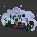 Cartoon Cloud Shaped Room Scene With Decorative Plants Furniture And Drop Ornaments