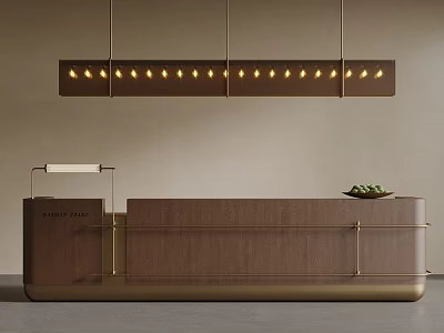 Modern Bar Counter With Wooden Design Metal Accents Hanging Lights And Fruit Bowl 3d model
