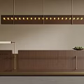 Modern Bar Counter With Wooden Design Metal Accents Hanging Lights And Fruit Bowl