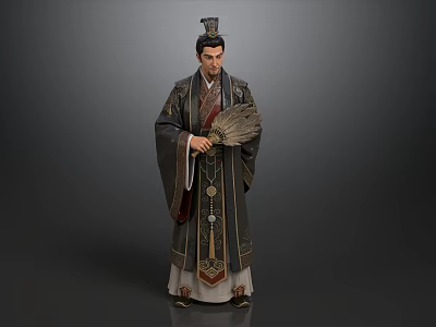 Man Wearing Ancient Traditional Robe With Feather Fan And Decorative Hat 3d model