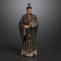 Man Wearing Ancient Traditional Robe With Feather Fan And Decorative Hat