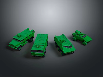 Four Green Military Tank Models Arranged in a Row on Dark Background Surface 3d model