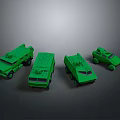 Four Green Military Tank Models Arranged in a Row on Dark Background Surface