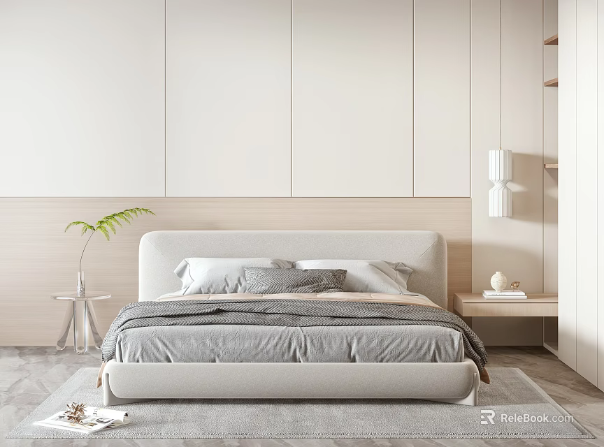 Modern Minimalist Double Bed With Upholstered Headboard Gray Bedding And Potted Plant 3d model 