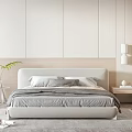 Modern Minimalist Double Bed With Upholstered Headboard Gray Bedding And Potted Plant