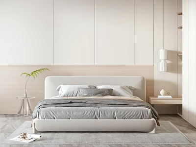 Modern Minimalist Double Bed With Upholstered Headboard Gray Bedding And Potted Plant 3d model
