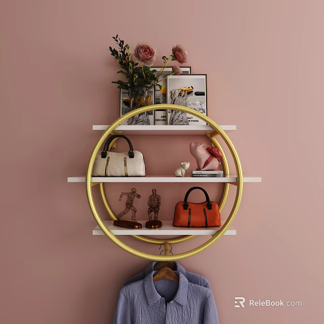 Elegant Wall Cabinet with Golden Frame on Pink Wall Featuring Handbags and Decorative Items 3d model 