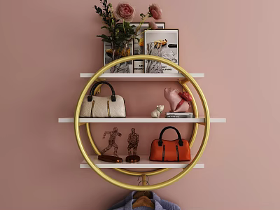 Elegant Wall Cabinet with Golden Frame on Pink Wall Featuring Handbags and Decorative Items 3d model