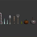 Festive Decorative Objects Including Candy Cane Shovel Fork Green Bottle Pumpkin And Apple