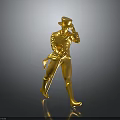 Golden Human Statue With Top Hat Decorated Coat Holding Cane On Black Background With Reflection