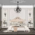 Elegant Classic Bedroom with Carved Ceiling Chandelier Decorative Wall Panels Ornate Headboard and Bedside Tables