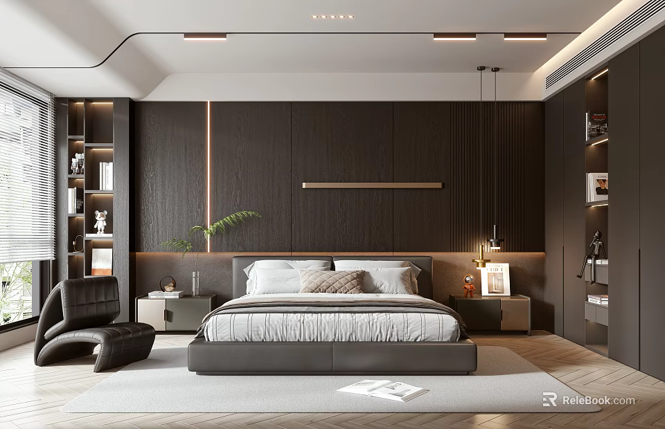 Modern Bedroom Interior With Dark Wooden Panel Wall Platform Bed Accent Chair And Bookshelves 3d model 